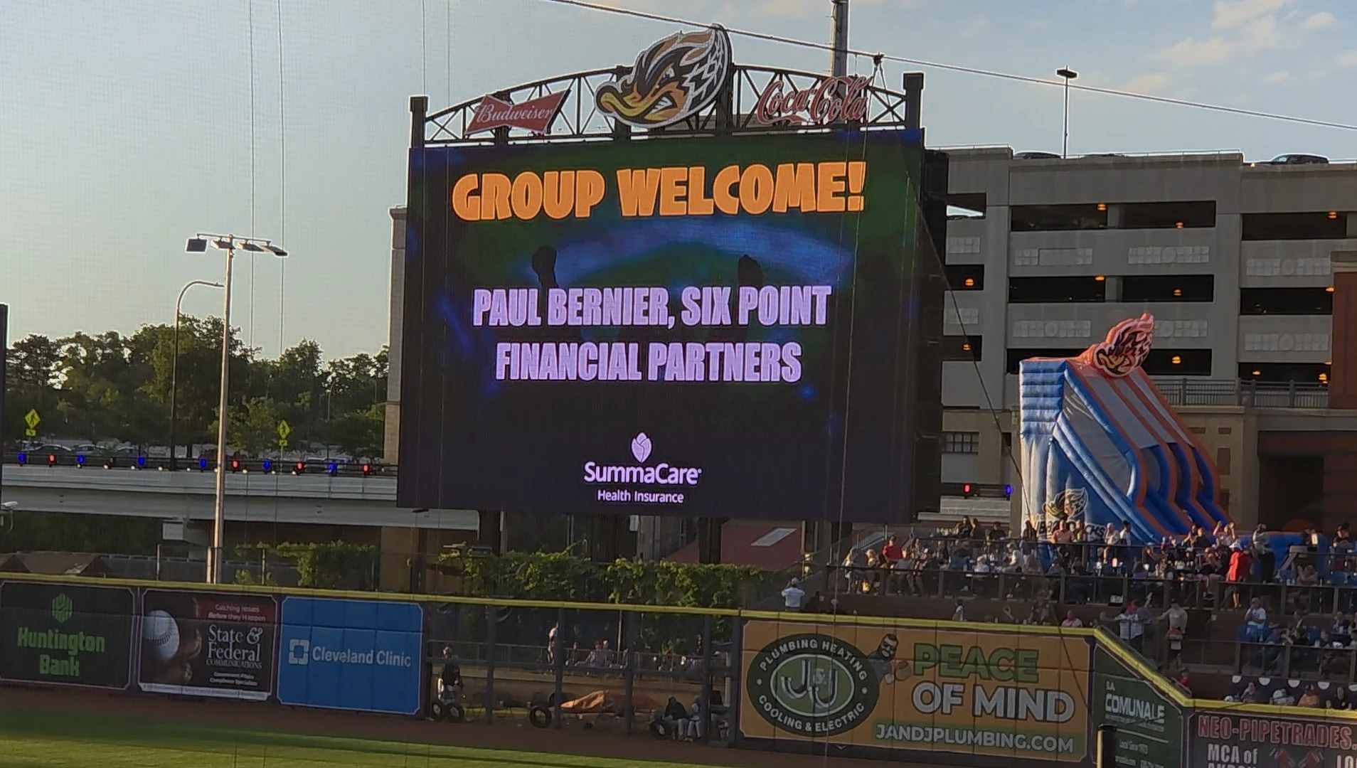 The ballpark scoreboard welcoming Paul Bernier's group