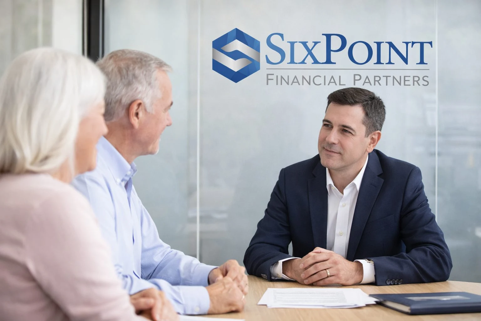 Clients meeting with an advisor in the SixPoint conference room